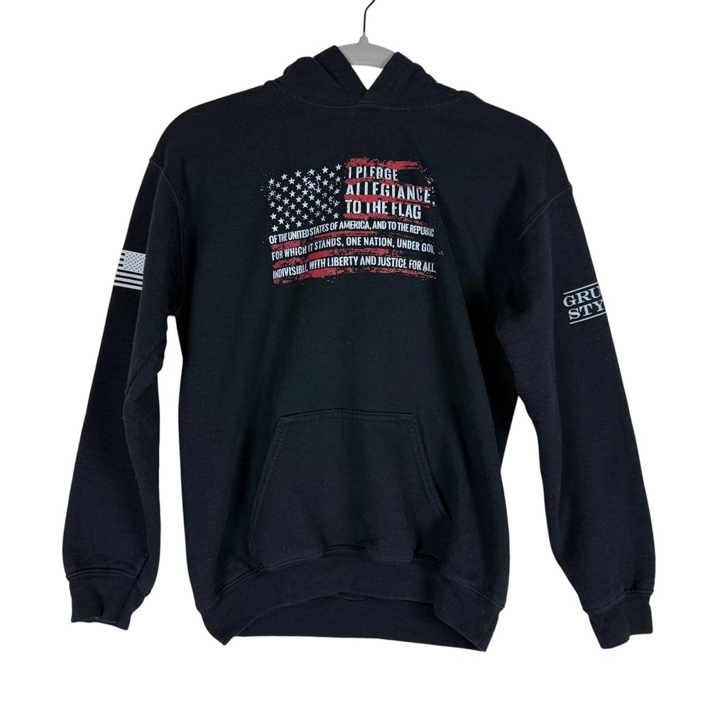 Grunt Style Hoodie Youth Large Black Pullover Fleece Pledge Allegiance Flag‎